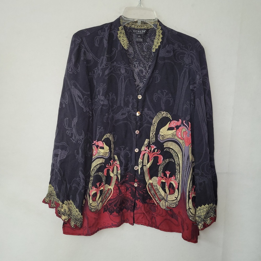 Citron Navy and Burgundy Blouse with Gold Details
